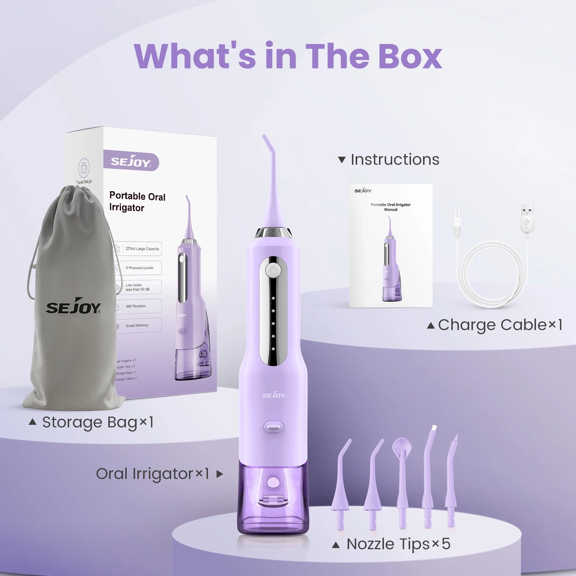 Cordless Water Flosser Dental Teeth Cleaner, Professional 270ML Tank USB Rechargeable Dental Oral Irrigator for Home and Travel, 5 Modes 5 Jet Tips, IPX7 Waterproof, Easy-To-Clean,Purple