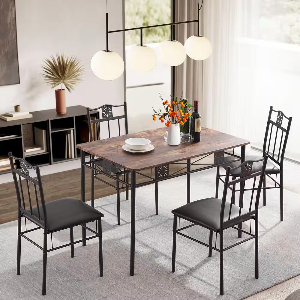 5-Piece Dining Table Set Wooden Kitchen Table 1 Table 4 Chairs Metal Legs, Rectangular Dining Table Sets，42.1"L, Brown