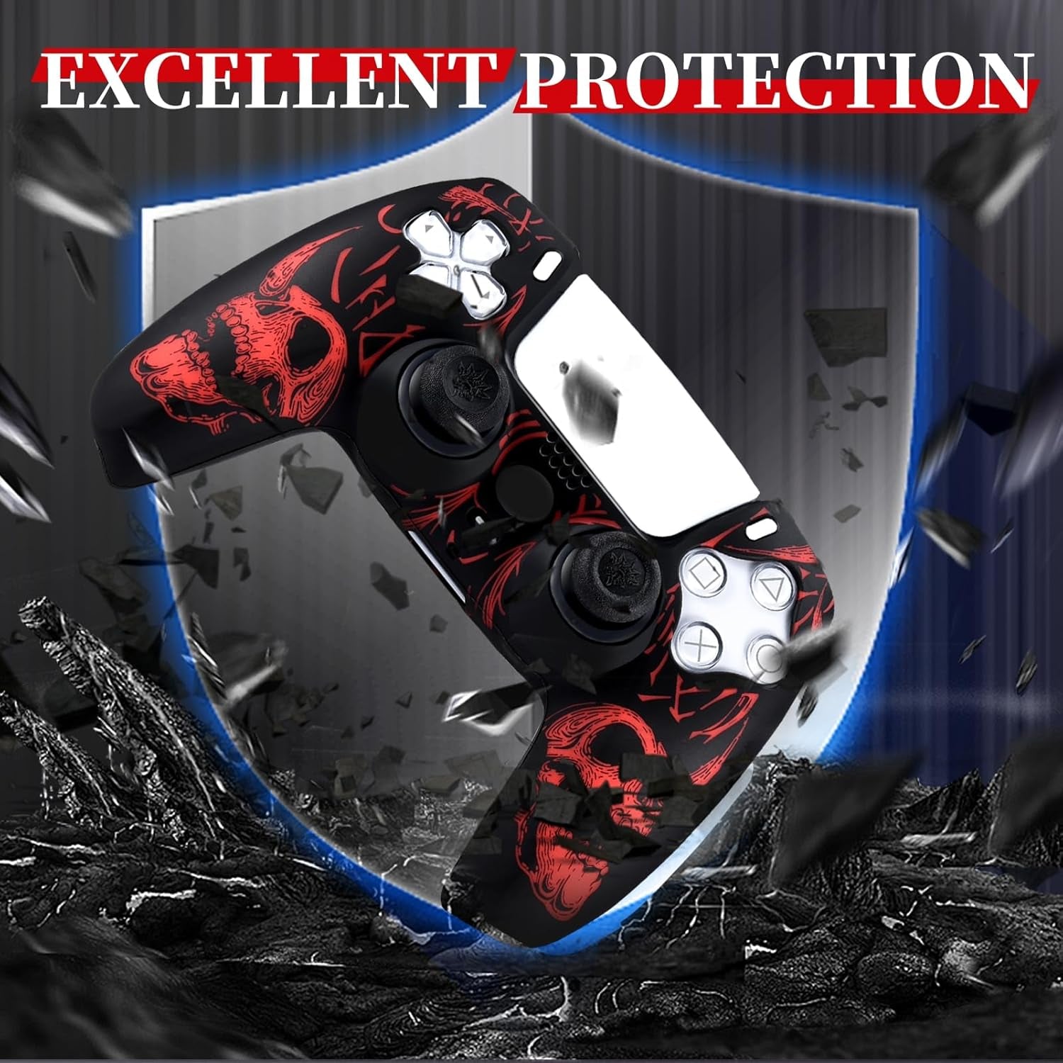 Laser Carving Silicone Skin for PS5 Controller X 1(Skulls Red) with Exclusive Thumb Grips X 8