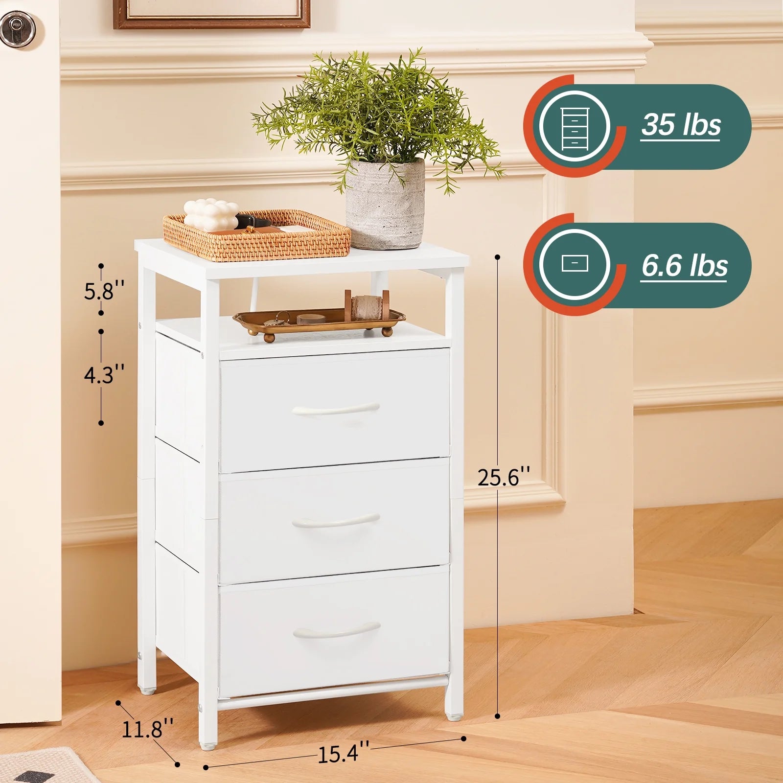 Night Stand with Charging Station, Nightstand with USB Ports & Outlets & LED, End Table with 3 Fabric Drawers and Storage Shelf, Bedside Tables Small Dresser for Small Space White