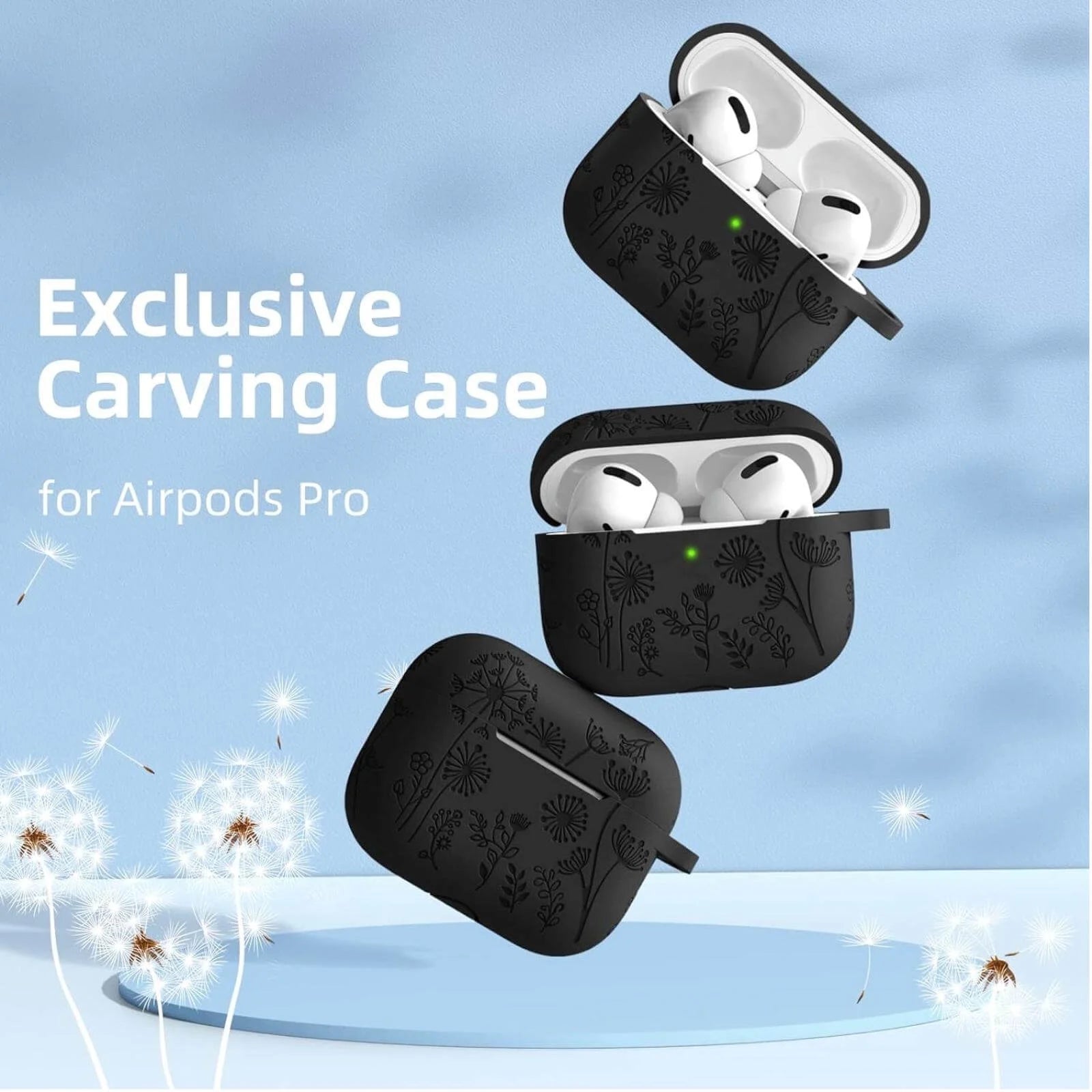 for Airpods Pro 2 Case, Flower Engraved Silicone Protective Case for Apple Airpod Pro 2Nd/1St Generation Case with Keychain for Women Men, Black
