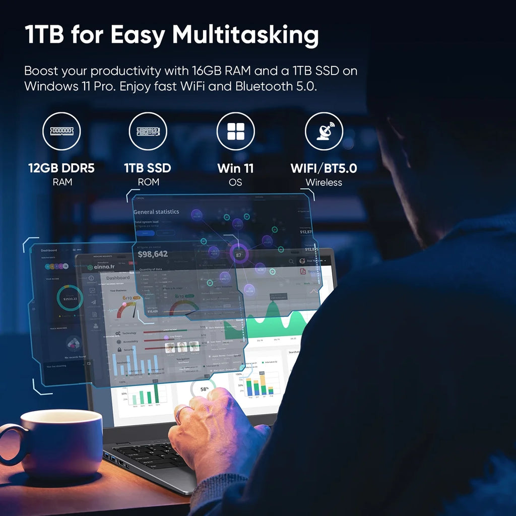 Laptop  15.6" Windows 11 PC Intel N95 4C4T 12GB+1024GB, Notebook Grey