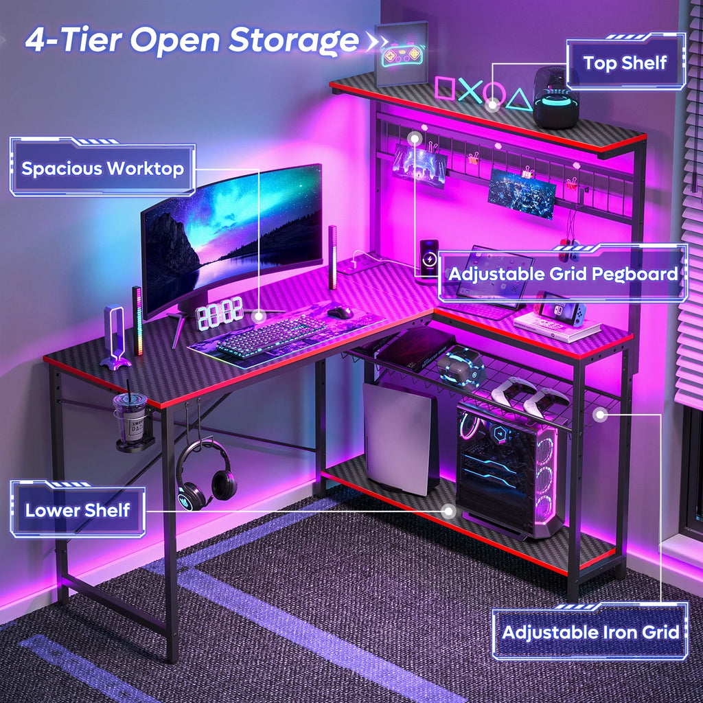 51 L Shaped Gaming Desk with Power Outlets, LED Workstation with 4 Tiers Shelves for Home Office, Gamer Reversible Table with Hooks and Cup Holder, Black Carbon Fiber