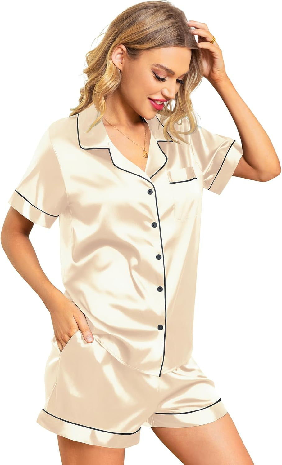 Silk Pajamas for Women Button down Pajamas Satin PJ Set Soft Sleepwear