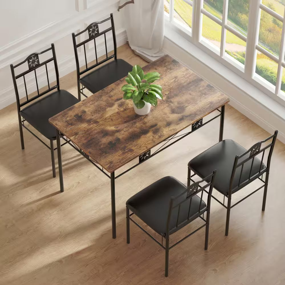 5-Piece Dining Table Set Wooden Kitchen Table 1 Table 4 Chairs Metal Legs, Rectangular Dining Table Sets，42.1"L, Brown