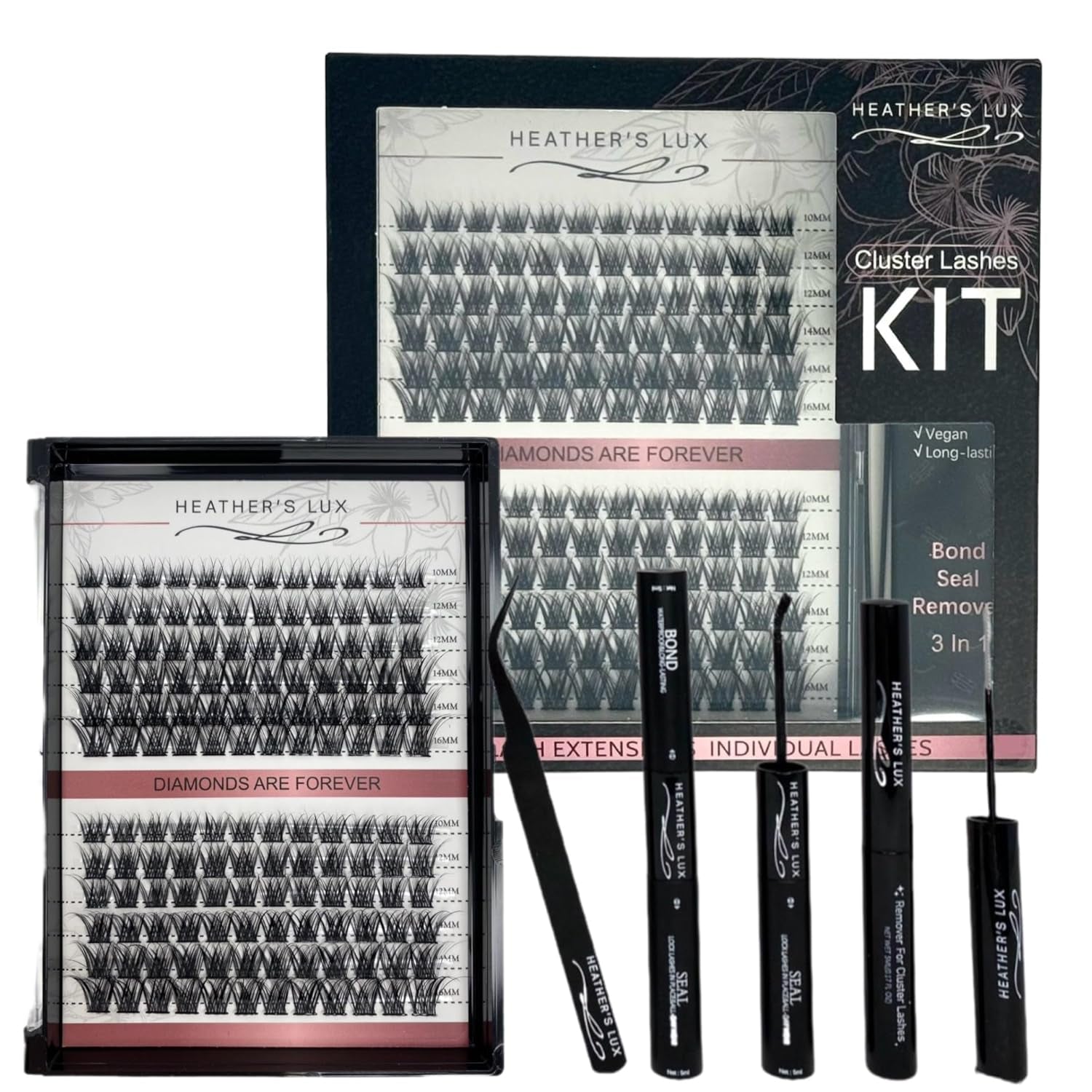HEATHER’S LUX DIY Eyelash Lash Extension Kit Lash Clusters Lash Kit with 144 Pieces, Tweezers, Bond, Seal & Glue Remover, Reusable Individual Segment Lashes (Champagne Toast)