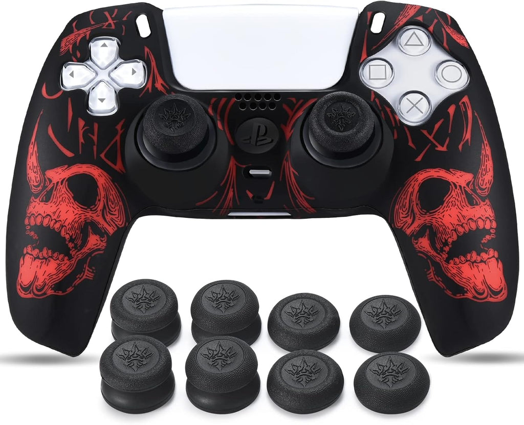 Laser Carving Silicone Skin for PS5 Controller X 1(Skulls Red) with Exclusive Thumb Grips X 8