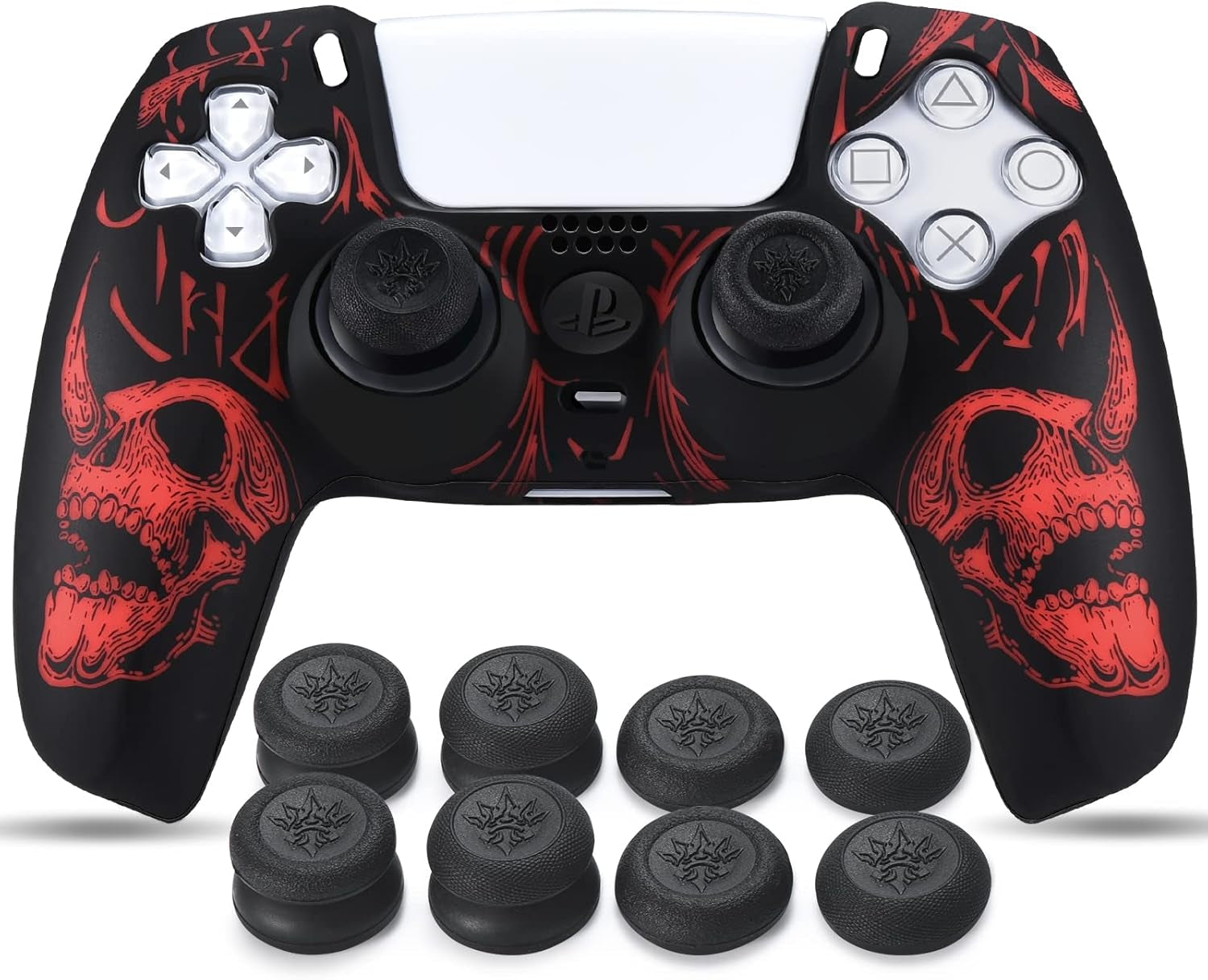 Laser Carving Silicone Skin for PS5 Controller X 1(Skulls Red) with Exclusive Thumb Grips X 8