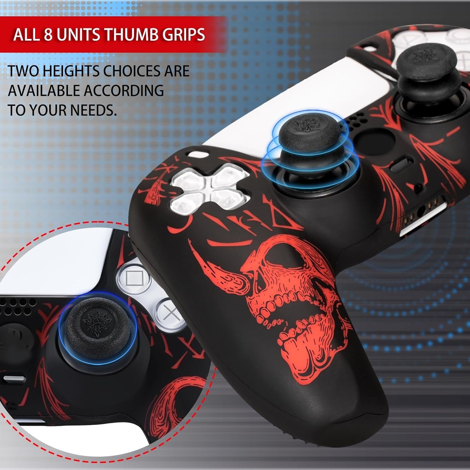 Laser Carving Silicone Skin for PS5 Controller X 1(Skulls Red) with Exclusive Thumb Grips X 8