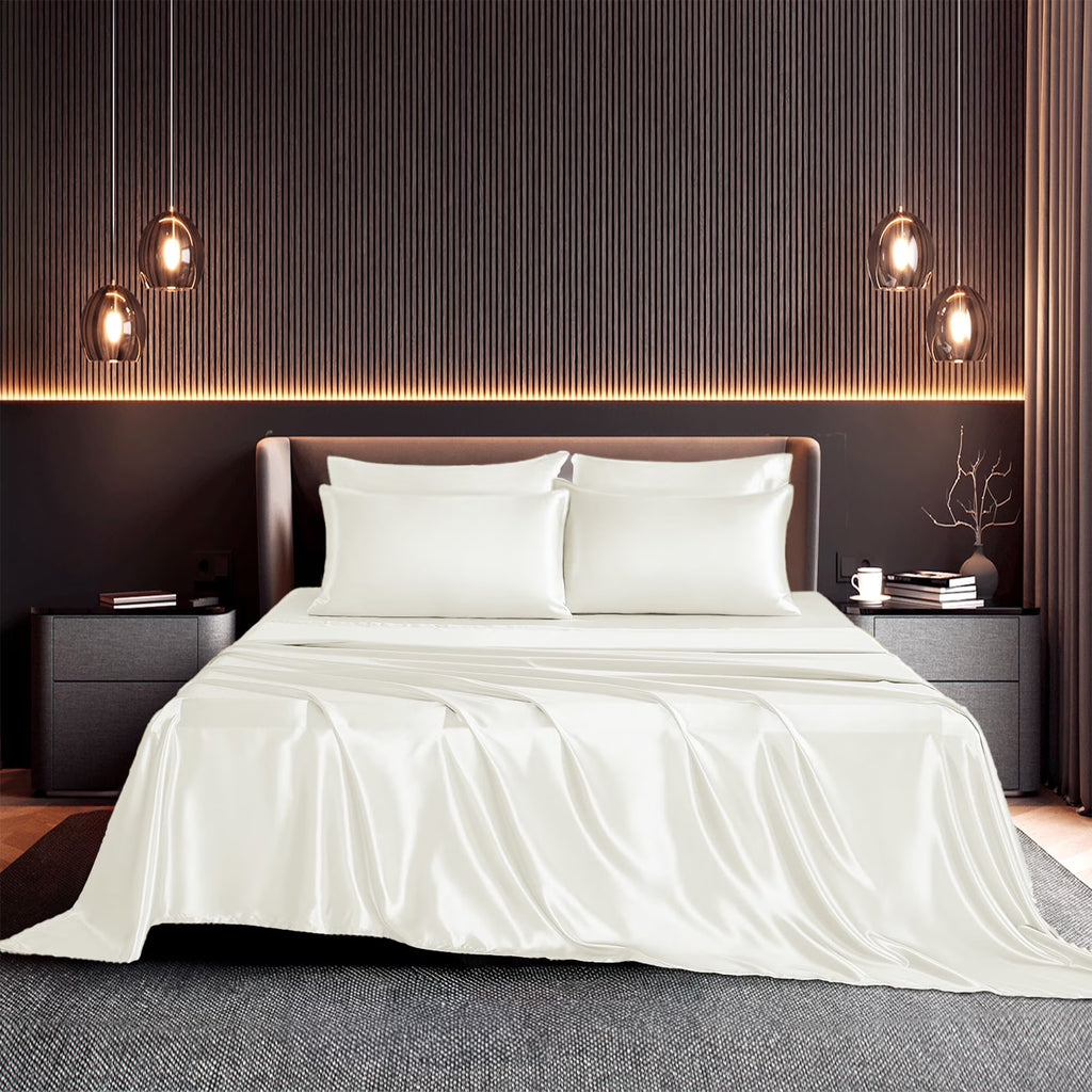 Satin Sheets Ivory Soft Microfiber Silk Bed Set 3Pcs Twin Sheets