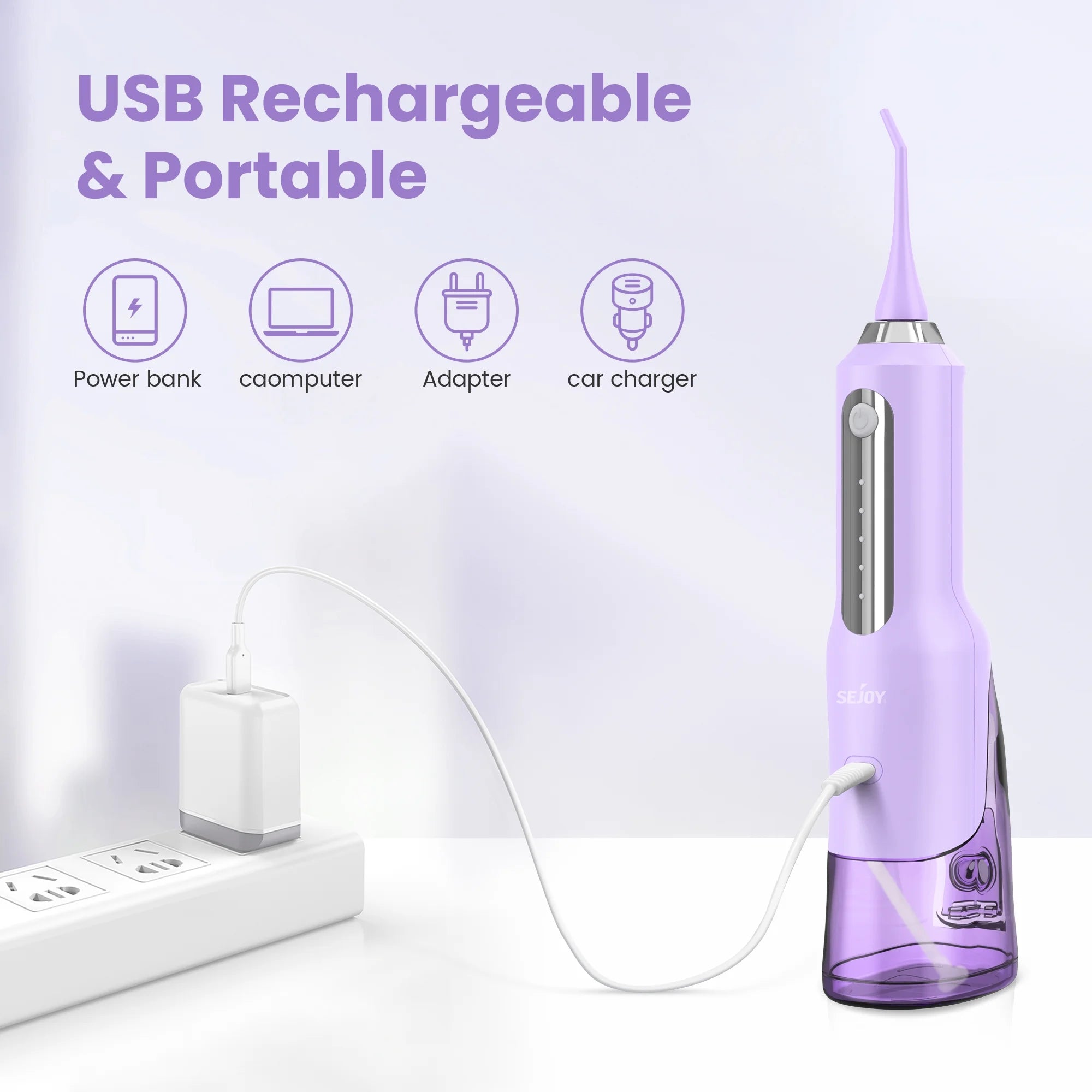 Cordless Water Flosser Dental Teeth Cleaner, Professional 270ML Tank USB Rechargeable Dental Oral Irrigator for Home and Travel, 5 Modes 5 Jet Tips, IPX7 Waterproof, Easy-To-Clean,Purple