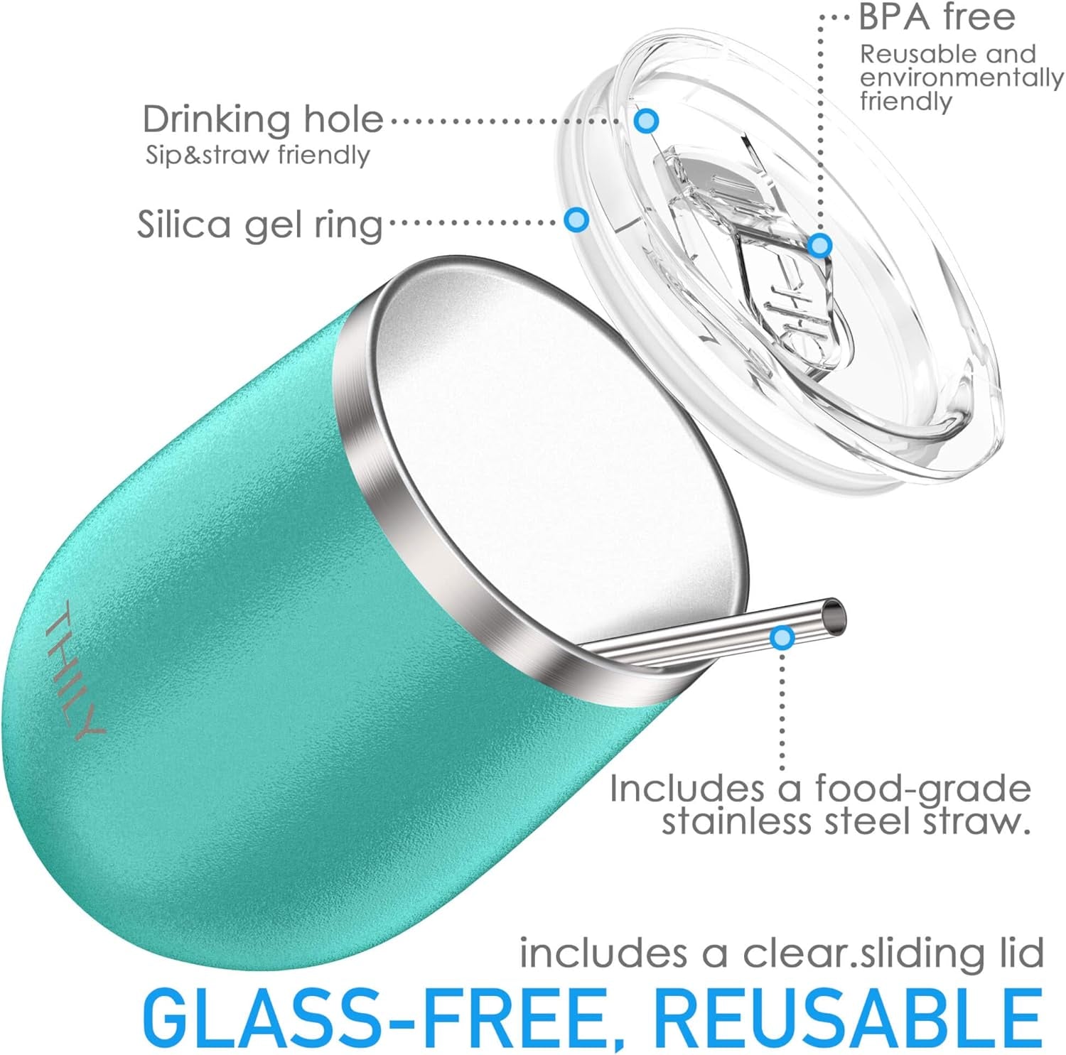 Stainless Steel Stemless Wine Glasses 4 Pack Vacuum Insulated Cute Travel Wine Tumbler Set with Splash-Proof Lids, Reusable Straws, Keep Cold & Hot for Wine, Coffee, Teal