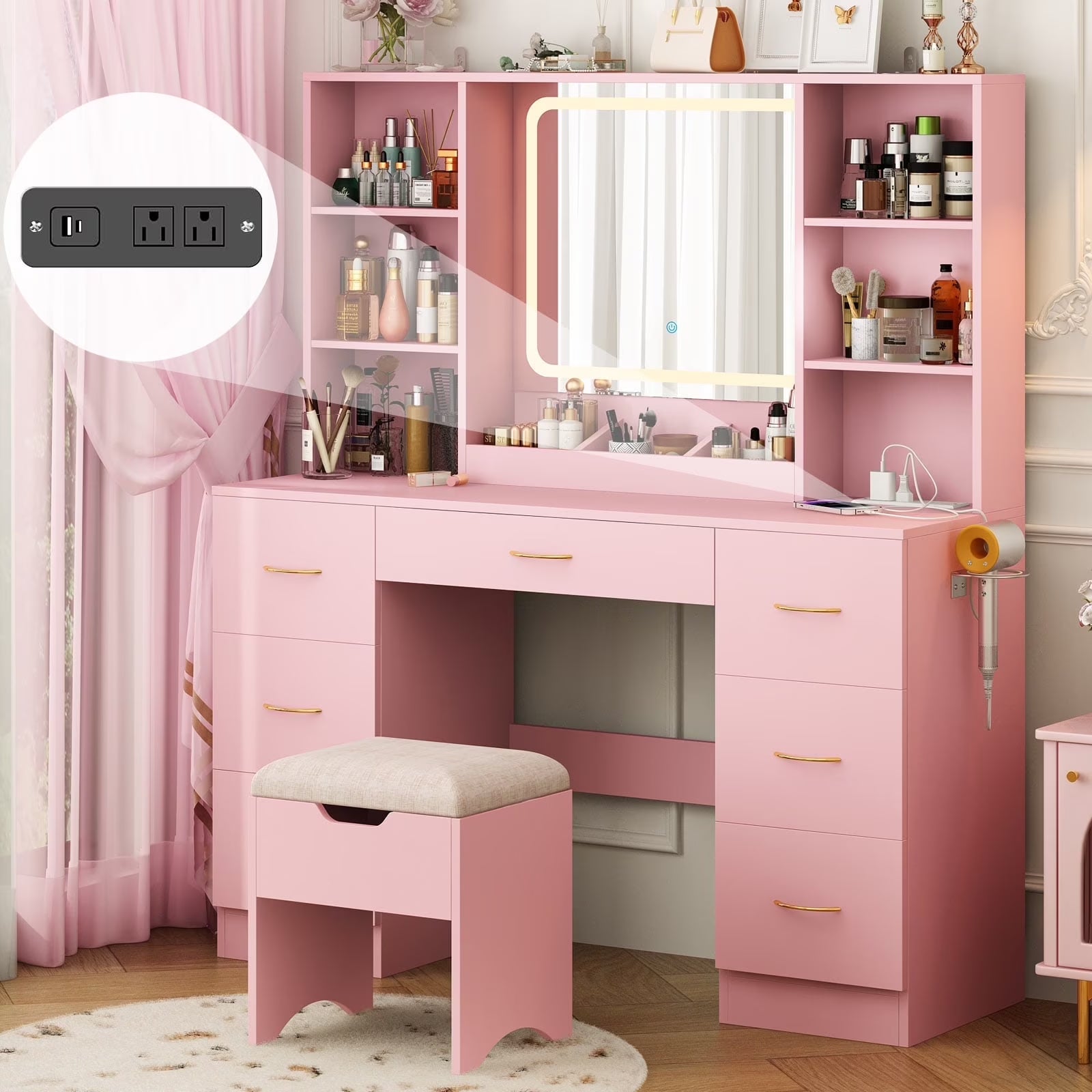47" Large Vanity Desk with LED Lighted Mirror & Power Outlet & 7 Drawers, Makeup Vanity Table Set with Storage Stool and Hair Dryer Rack, Pink