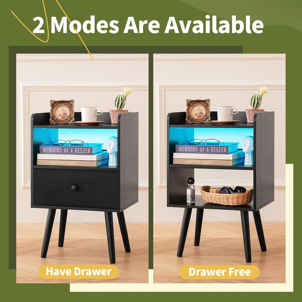 Nightstand with Charging Station, Modern Night Stand with LED Lights, Wood Night