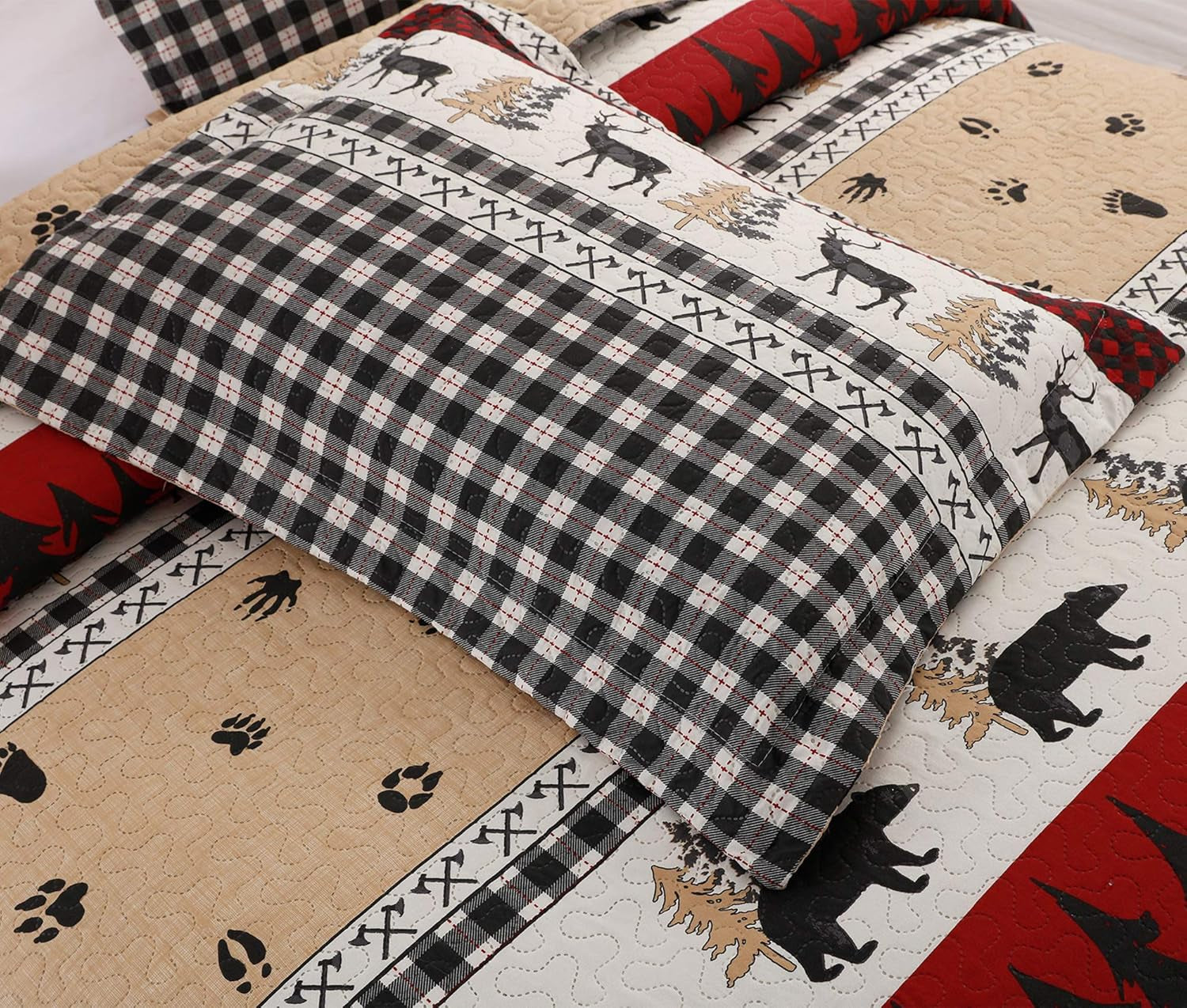 Rustic Quilt Bedding Set King Size Bedspread Coverlet Country Quilts Lodge Cabin Bedding Black White Buffalo Plaid Quilts Forest Elk Moose Lightweight Reversible Quilt Bed Spread with 2 Pillow Shams