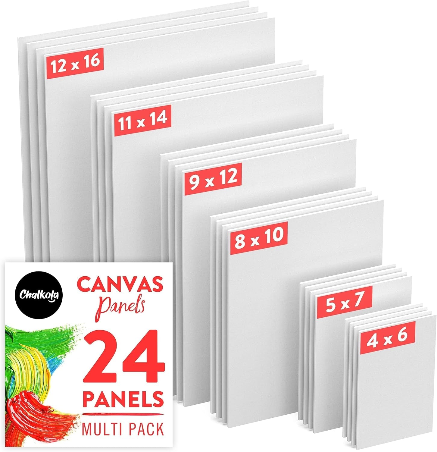 Paint Canvases for Painting Multipack - 24 Pack Blank Canvas Panels - 4X6, 5X7, 8X10, 9X12, 11X14, 12X16 Inch (4 Each) - 100% Cotton, Primed, Acid Free Art Canvas Boards for Painting
