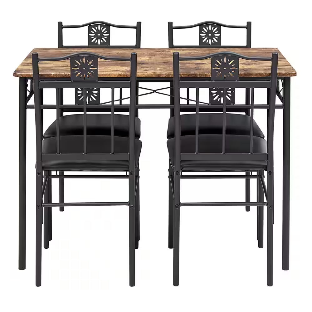5-Piece Dining Table Set Wooden Kitchen Table 1 Table 4 Chairs Metal Legs, Rectangular Dining Table Sets，42.1"L, Brown
