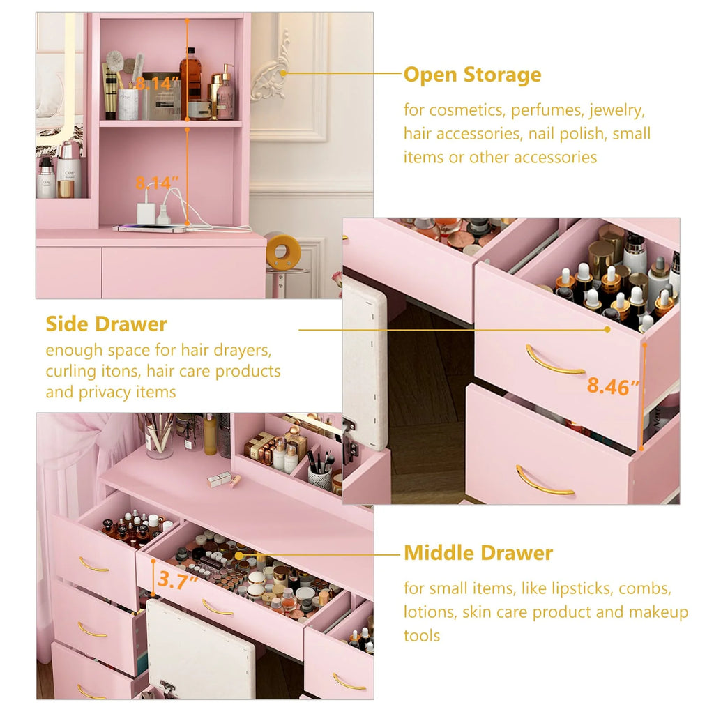 47" Large Vanity Desk with LED Lighted Mirror & Power Outlet & 7 Drawers, Makeup Vanity Table Set with Storage Stool and Hair Dryer Rack, Pink