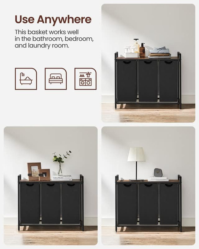 Laundry Hamper, Laundry Basket, Laundry Sorter with 3 Pull-Out and Removable Bags, Shelf, Metal Frame, 3 X 10.6 Gallons (40 L), 36.4 X 13 X 28.4 Inches, Ink Black and Rustic Brown UBLH301B01
