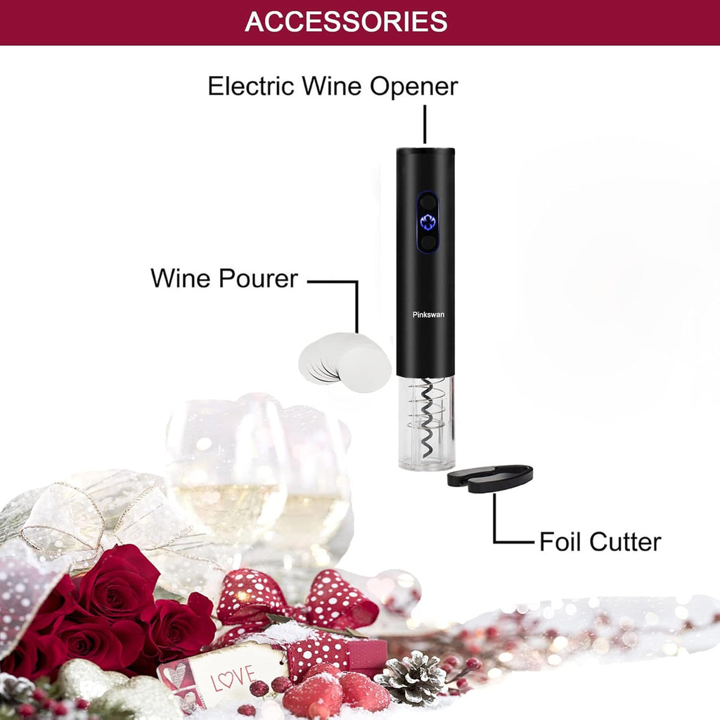 Electric Wine Opener Gift Kit for Wine Lover, Cordless Bottle Opener Automatic Corkscrew for Wine Enthusiast, Set Includes Electric Opener, Foil Cutter, Wine Pourer Disk Spout(Black)