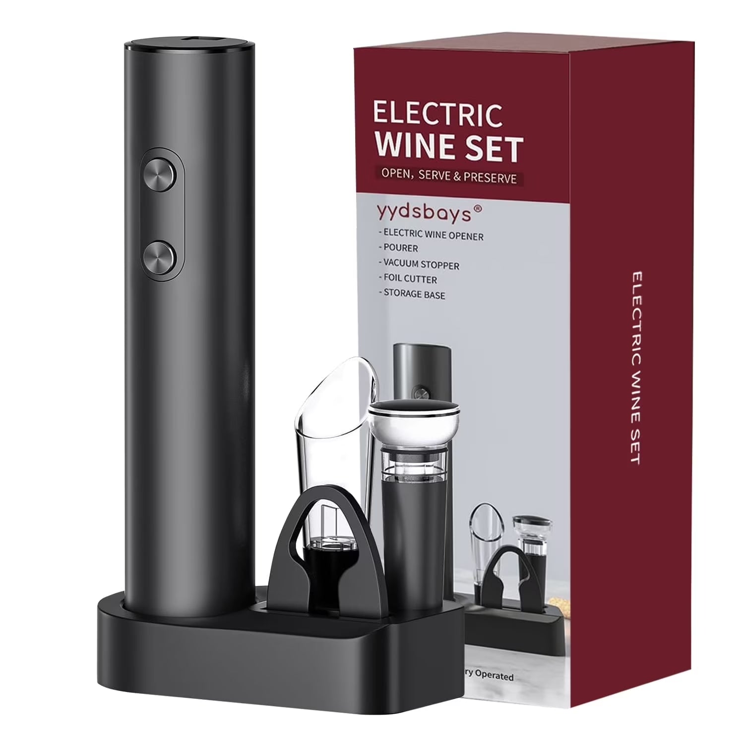 Electric Wine Opener 5-In-1,Automatic Battery Operated Bottle Corkscrew Set with Base, Foil Cutter,Pour,Vacuum Stopper,Cordless, Black