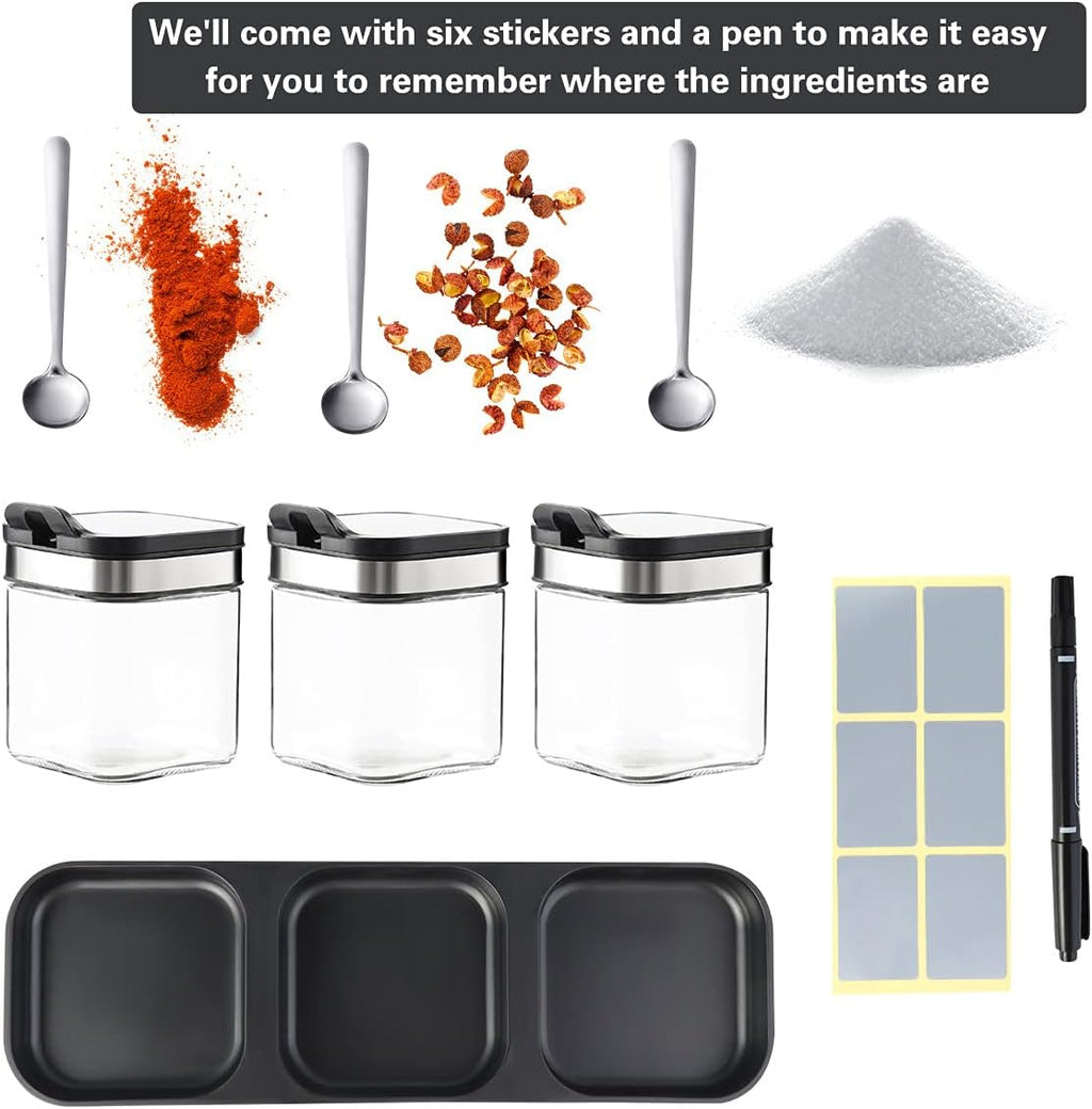 Condiment Seal Jar Spice Container with Lids and Spoons，Clear Glass Condiment Canisters Pots Seasoning Box Salt Container Sugar Bowl Set of .Used in Kitchen, Coffee Table,Set of 3