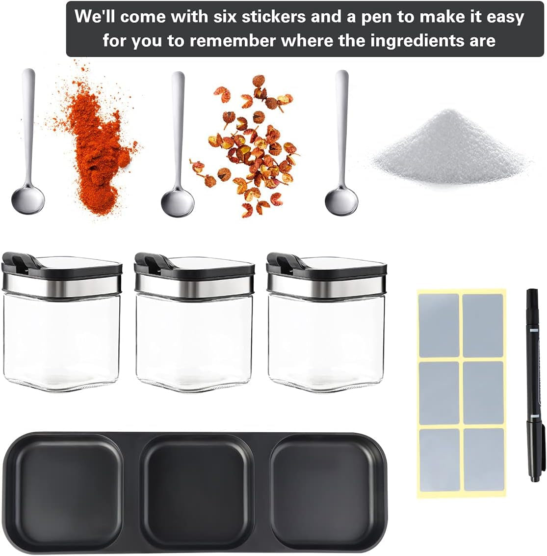 Condiment Seal Jar Spice Container with Lids and Spoons，Clear Glass Condiment Canisters Pots Seasoning Box Salt Container Sugar Bowl Set of .Used in Kitchen, Coffee Table,Set of 3