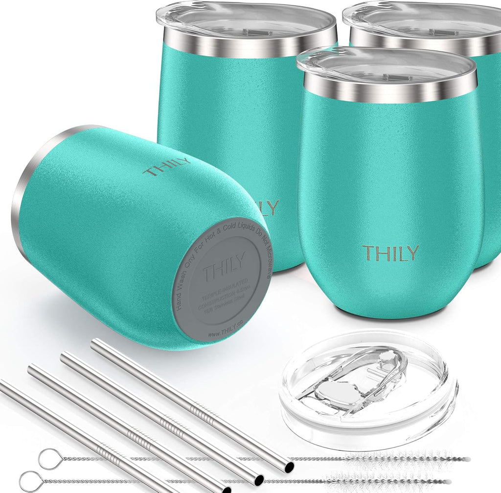 Stainless Steel Stemless Wine Glasses 4 Pack Vacuum Insulated Cute Travel Wine Tumbler Set with Splash-Proof Lids, Reusable Straws, Keep Cold & Hot for Wine, Coffee, Teal