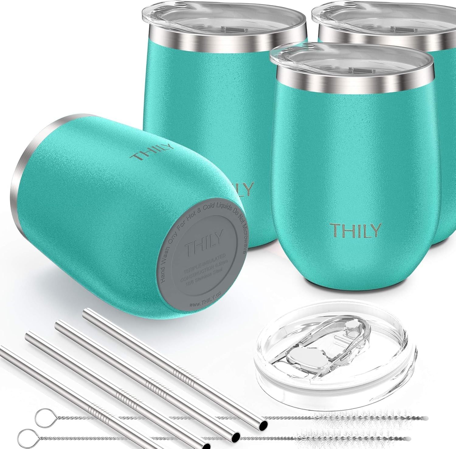 Stainless Steel Stemless Wine Glasses 4 Pack Vacuum Insulated Cute Travel Wine Tumbler Set with Splash-Proof Lids, Reusable Straws, Keep Cold & Hot for Wine, Coffee, Teal