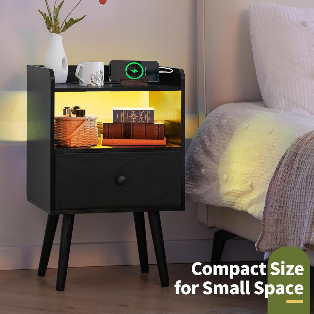 Nightstand with Charging Station, Modern Night Stand with LED Lights, Wood Night