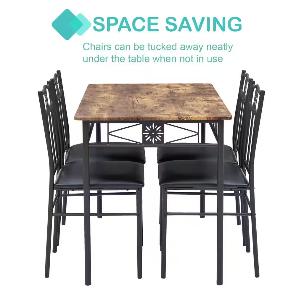 5-Piece Dining Table Set Wooden Kitchen Table 1 Table 4 Chairs Metal Legs, Rectangular Dining Table Sets，42.1"L, Brown
