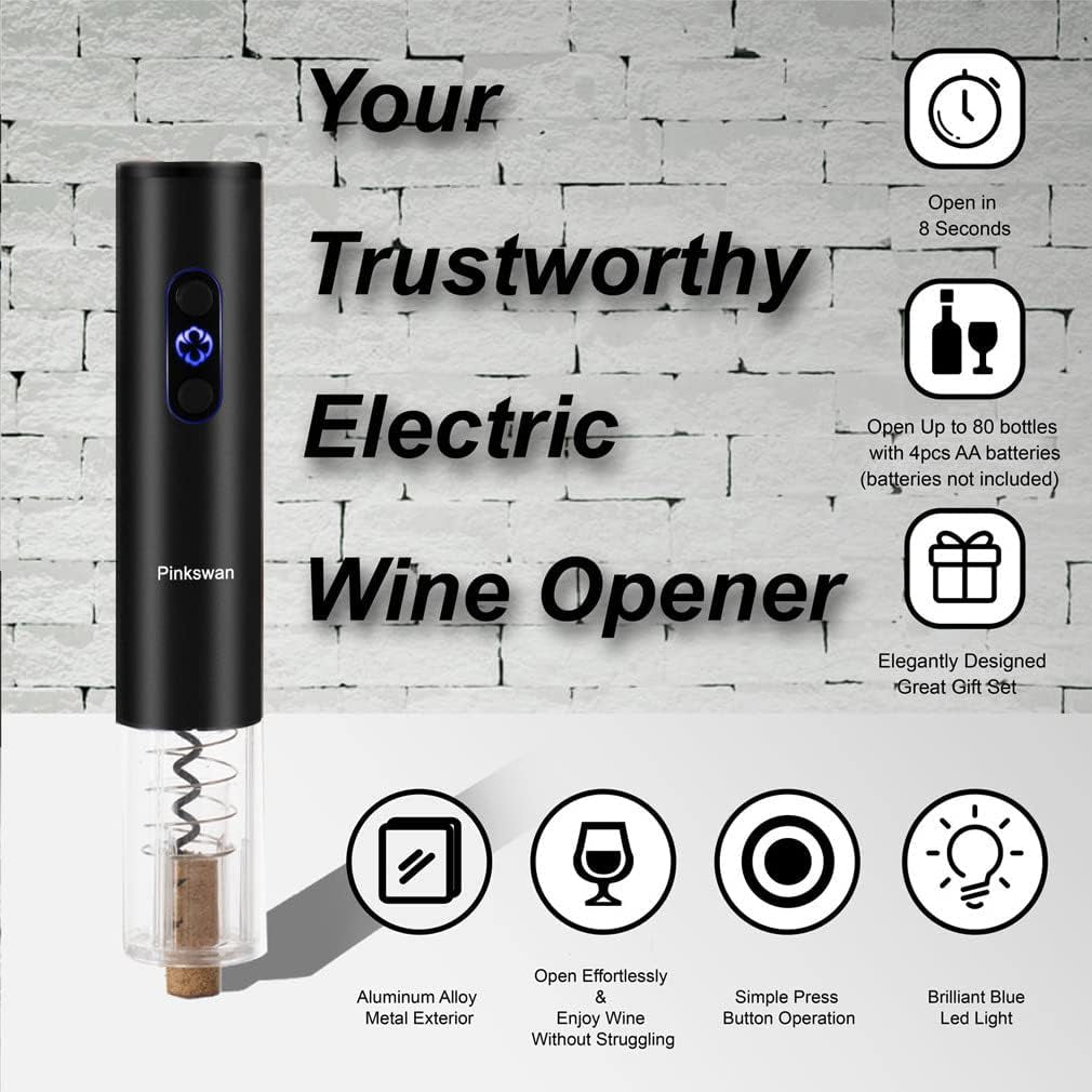 Electric Wine Opener Gift Kit for Wine Lover, Cordless Bottle Opener Automatic Corkscrew for Wine Enthusiast, Set Includes Electric Opener, Foil Cutter, Wine Pourer Disk Spout(Black)