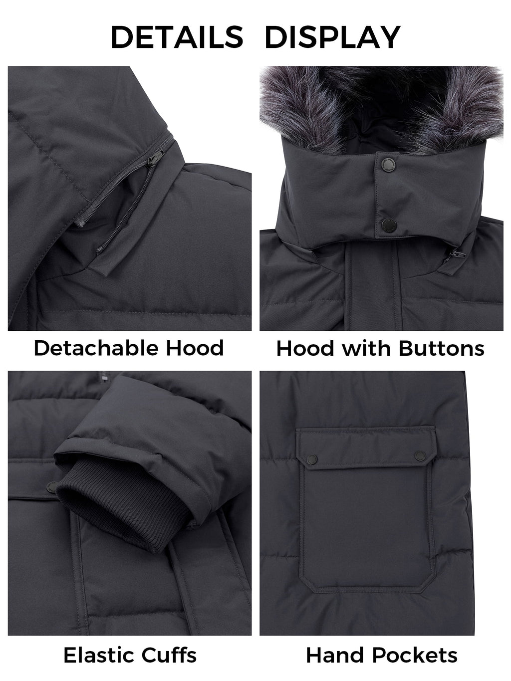 Men'S plus Size Recycled Winter Parka Jacket Outerwear Insulated Quilted Winter Coat with Faux Fur Hood Dark Gray 3XL